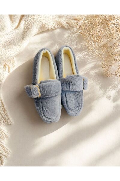 FİORE WOMEN Dark Gray Plush Gold Buckle Detailed Women's Home Ballerina Shoes
