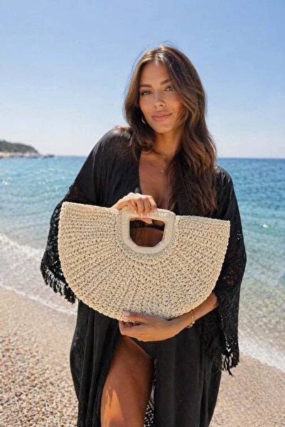 HAZAL KAYA ATELIER Beige Hand-Knitted Straw Women's Bag – 45X20 cm