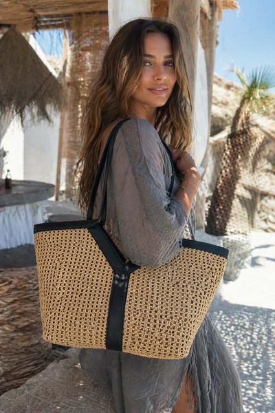 HAZAL KAYA ATELIER Beige Hand-Knitted Straw Women's Bag with Strap – 35X25 cm