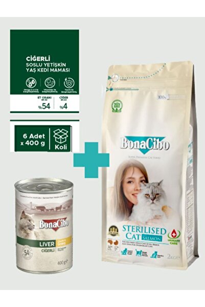 BonaCibo Sterilised Somonlu Kedi Maması 2 Kg & Soslu Ciğerli Yaş Mama Seti (6...