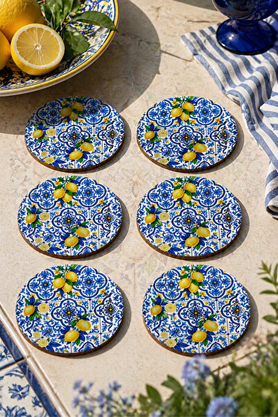 BYC TÜRKİYE Set of 6 Coasters with Motifs and Lemon Patterns – Sicily Themed – 9 Cm, 3 mm Mdf, Uv Printing, Decorative Coasters