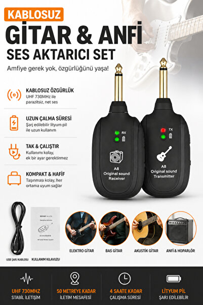 Anunnaki A8 Kablosuz Profesyonel Şarj Edilebilir Gitar & Amfi Ses Aktarıcı Al...