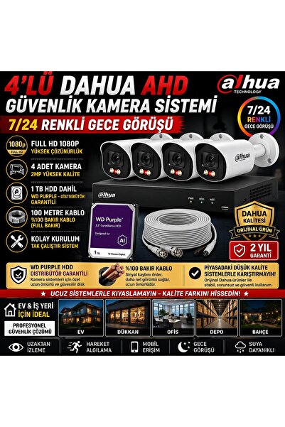 DAHUA 4,lü AHD Güvenlik Kamera Seti 2Mp 1080P 7/24 Renkli Gece Görüşü 1tb HDD...