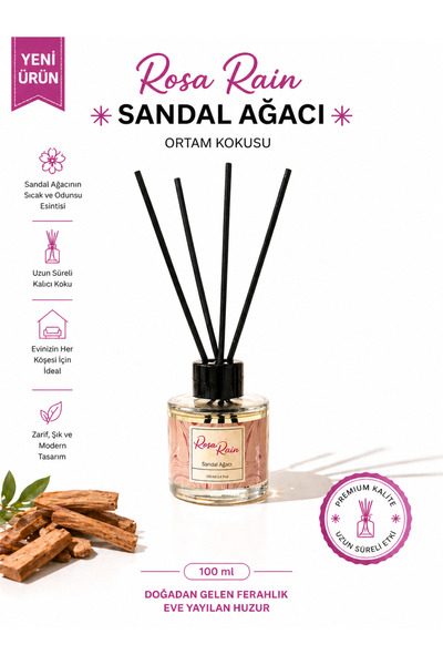 ROSA RAİN Sandal Ağacı Oda Kokusu 100 ml – Şık Tasarım Bambu Çubuklu Diffuser