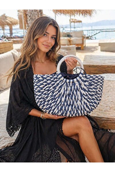HAZAL KAYA ATELIER Navy Blue Hand Knitted Straw Women's Bag – 40X25 cm
