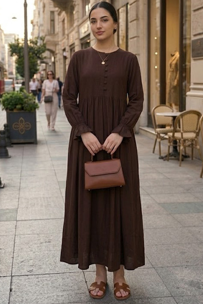 AYASOFYA OTANTIK Γυναικείο καφέ μακρυμάνικο φόρεμα με λεπτομέρεια στα κουμπιά