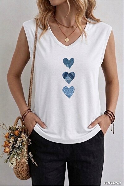 FUFLUNS ΓΥΝΑΙΚΕΙΟ ΑΜΑΝΙΚΟ T-SHIRT ΜΕ ΣΧΕΔΙΟ ΤΖΙΝ ΚΑΙ ΣΤΑΜΠΑ ΚΑΡΔΙΕΣ