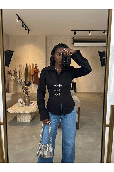 LOKADI Γυναικείο λευκό/μαύρο πουκάμισο ποπλίνα με κορδόνια στην πλάτη και κου...