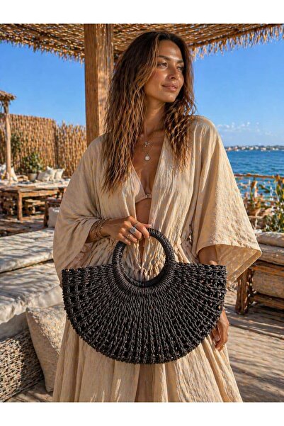 HAZAL KAYA ATELIER Black Hand-Knitted Straw Women's Bag – 40X25 cm