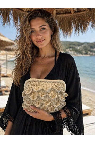 HAZAL KAYA ATELIER Beige Hand-Knitted Straw Women's Bag – 25X20 cm