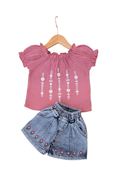 VOY KİDS Baby Girl Summer Denim Shorts and Floral Printed T-Shirt 6-9-12-18-2...
