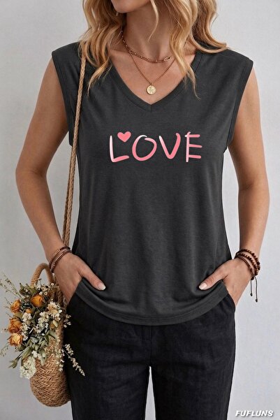 FUFLUNS TRICOU FĂRĂ MÂNECI OVERSIZE PENTRU FEMEI CU IMPRIMEU LOVE HEART