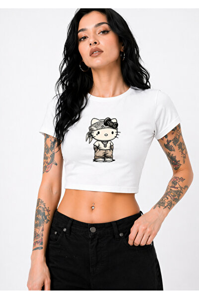 NEVERMIND Γυναικείο μπλουζάκι Baby Tee Crop με στάμπα γάτας μπαντάνα, στυλ st...