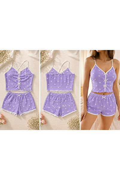 Lila Kalp Desenli Askılı Şortlu Pijama Takımı Yazlık Rahat Ev Giyim