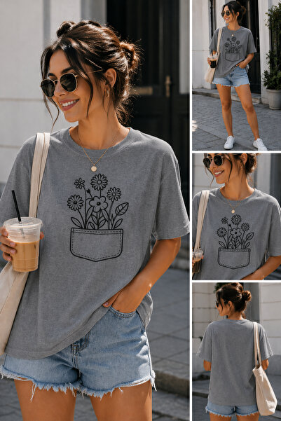 ArtYus Tricou oversize unisex cu imprimeu minimalist cu flori de buzunar – Tr...