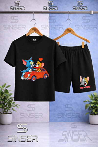 SS SİNSER Kids' Cat Mouse Tm Jry Car Heart Printed Crew Neck T-Shirt - Shorts...