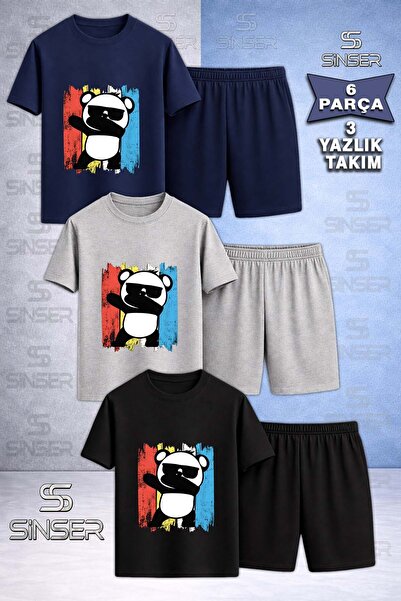 SS SİNSER Children's Panda Colorful Canvas Eyeglasses Printed Crew Neck 3-Pie...