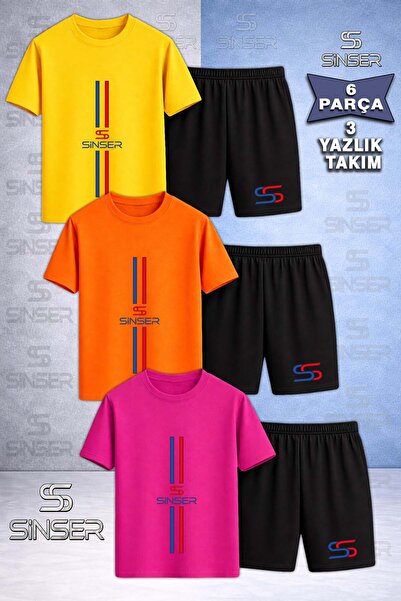 SS SİNSER Children's Dik Iki Cizgi Uzun Printed Crew Neck 3-Piece T-Shirt - S...
