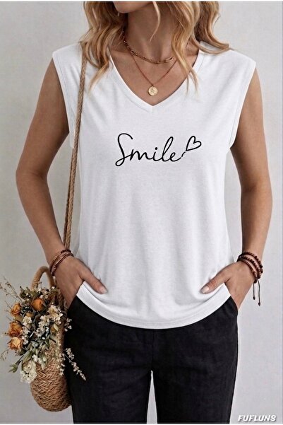 FUFLUNS تي شيرت نسائي بدون أكمام مطبوع عليه SMILE HEART