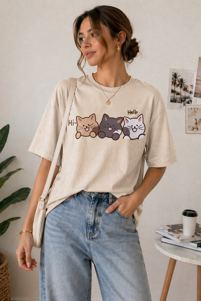 ArtYus Tricou oversize unisex cu imprimeu Hello Cat – Tricou casual din bumba...
