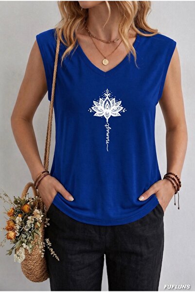 FUFLUNS Γυναικείο αμάνικο μπλουζάκι με στάμπα Ναμάστε Λωτός