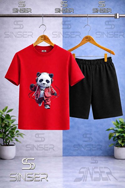 SS SİNSER Παιδικό μπλουζάκι με στάμπα PANDA RED HEADPHONES - Σετ σορτς