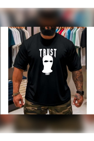 TİMİSİVA Unisex Oversized Printed Crew Neck Short Sleeve Black T-Shirt