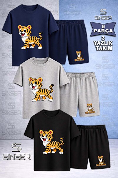 SS SİNSER Children's Sinser Kaplan Standing Printed Crew Neck 3-Piece T-Shirt...