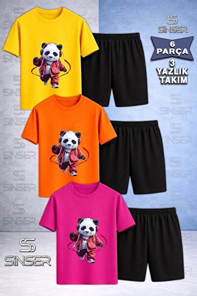 SS SİNSER Children's Panda Red Headphones Printed Crew Neck 3-Piece T-Shirt -...