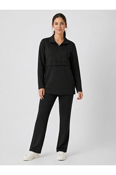 Köşedeki Dükkan Half Zipper Detailed Premium Modal Double Suit - Black
