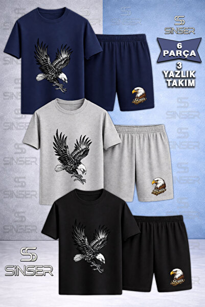 SS SİNSER Children's Eagle Black Attack Printed Crew Neck 3-Piece T-Shirt - S...