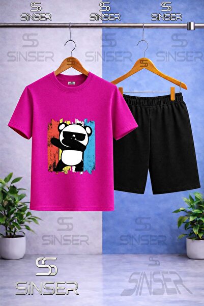 SS SİNSER Children's Panda Colorful Canvas Eyeglasses Printed Crew Neck T-Shi...