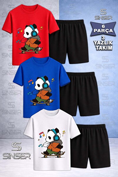 SS SİNSER Παιδικό Σετ Σορτς και Μπλουζάκι 3 τεμαχίων με στάμπα PANDA SKATEBOA...