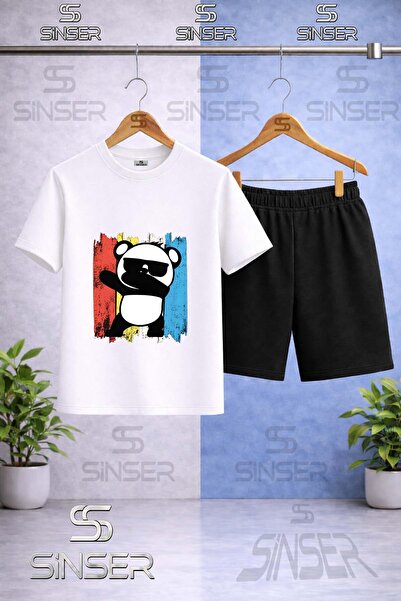 SS SİNSER تي شيرت للأطفال مطبوع عليه PANDA COLORFUL CANVAS GLASSES - طقم شورت
