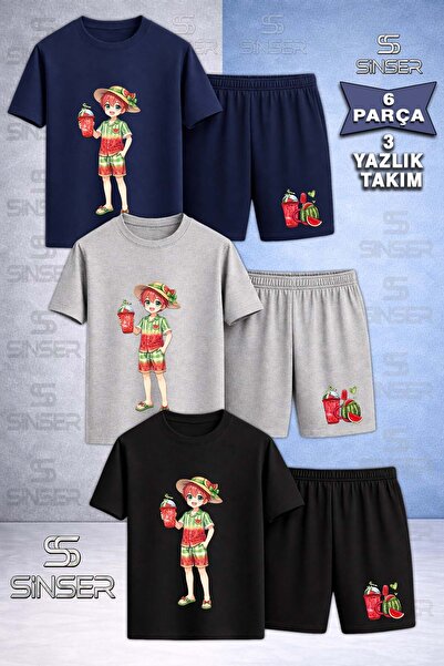 SS SİNSER Children's Boys Watermelon Combination Printed Crew Neck 3-Piece T-...