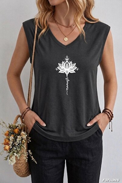 FUFLUNS Γυναικείο αμάνικο μπλουζάκι με στάμπα Ναμάστε Λωτός