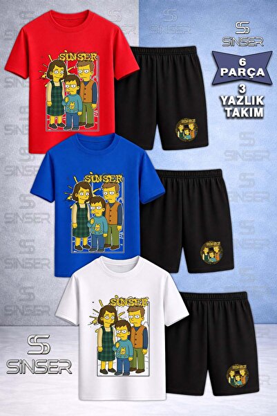 SS SİNSER Kids' Simpsn Sinser Printed Crew Neck 3-Piece T-Shirt - Shorts Set