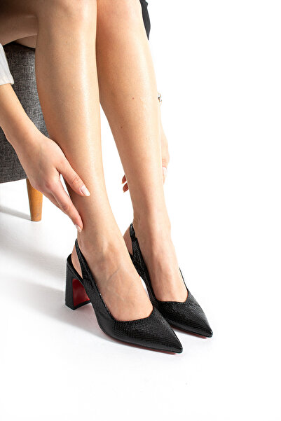 TrendWalk Stylish Black Patent Leather Kurokodil Patterned Thick Heeled Sitil...