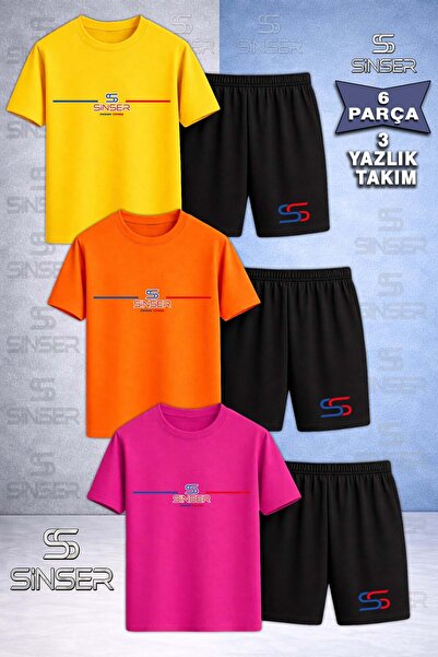 SS SİNSER Children's Yan One-Line Text Printed Crew Neck 3-Piece T-Shirt - Sh...