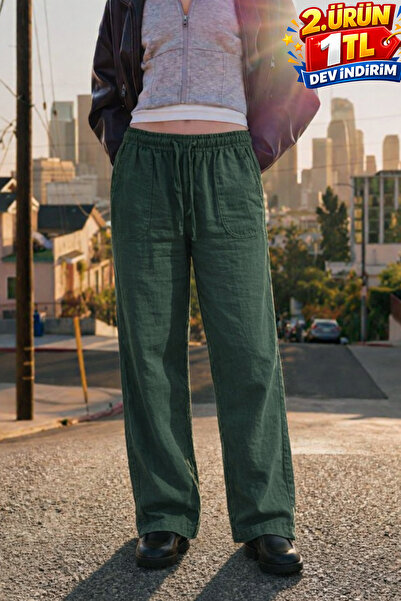 DAMGA JEANS Γυναικείο ψηλόμεσο φαρδύ καλοκαιρινό παντελόνι K.Haki Jogger από ...