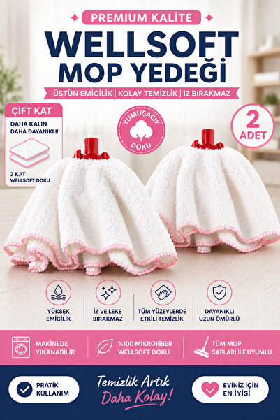 Mopiva Wellsoft ( 2 ADET ) Mop Yedeği Çift Kat Mop Başlığı Yüksek Emici Uyuml...