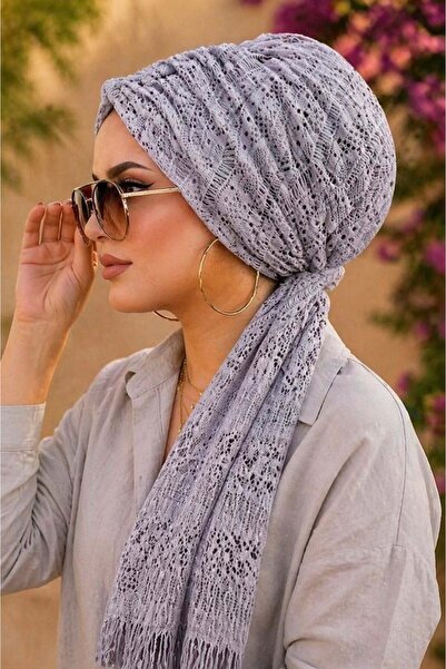 Aişe tesettür Γκρι καπέλο με δαντέλα με αγκράφα