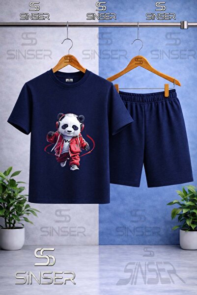 SS SİNSER Παιδικό μπλουζάκι με στάμπα PANDA RED HEADPHONES - Σετ σορτς