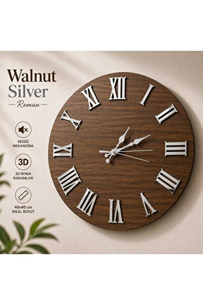 LotusLazer Tasarım Walnut Black Roman – 40x40 cm Ceviz Siyah Roma Rakamlı Duv...