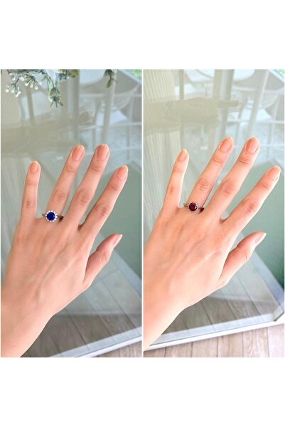 Lilyum Aksesuar 2 ADET Ayarlamalı Lacivert ve Kırmızı Taşlı Gümüş Renk Yüzük