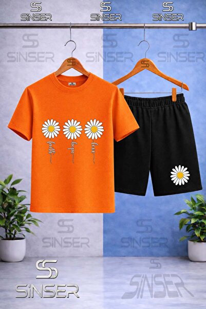 SS SİNSER Children's Papatya 3Lu Written Printed Crew Neck T-Shirt - Shorts Set
