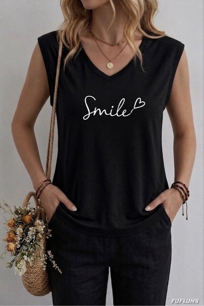 FUFLUNS تي شيرت نسائي بدون أكمام مطبوع عليه SMILE HEART