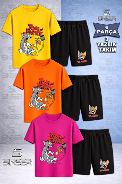 SS SİNSER Children's Cat Mouse Tm Jry Tokmak Printed Crew Neck 3-Piece T-Shir...