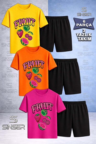 SS SİNSER Children's Meyve 4Lu Fruit Written Printed Crew Neck 3-Piece T-Shir...