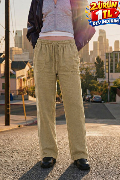 DAMGA JEANS Γυναικείο ψηλόμεσο φαρδύ καλοκαιρινό μπεζ λινό παντελόνι jogger